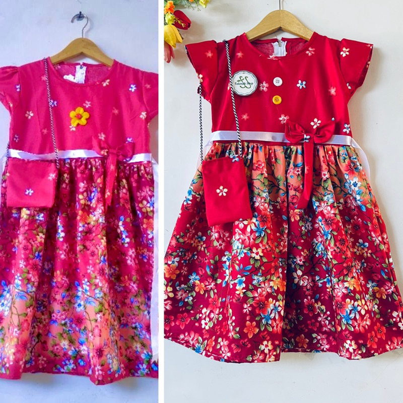 Dress anak 5 6 7 8 9 10 tahun gaun anak perempuan cewek motif bunga free tas ( dress harumi tas )