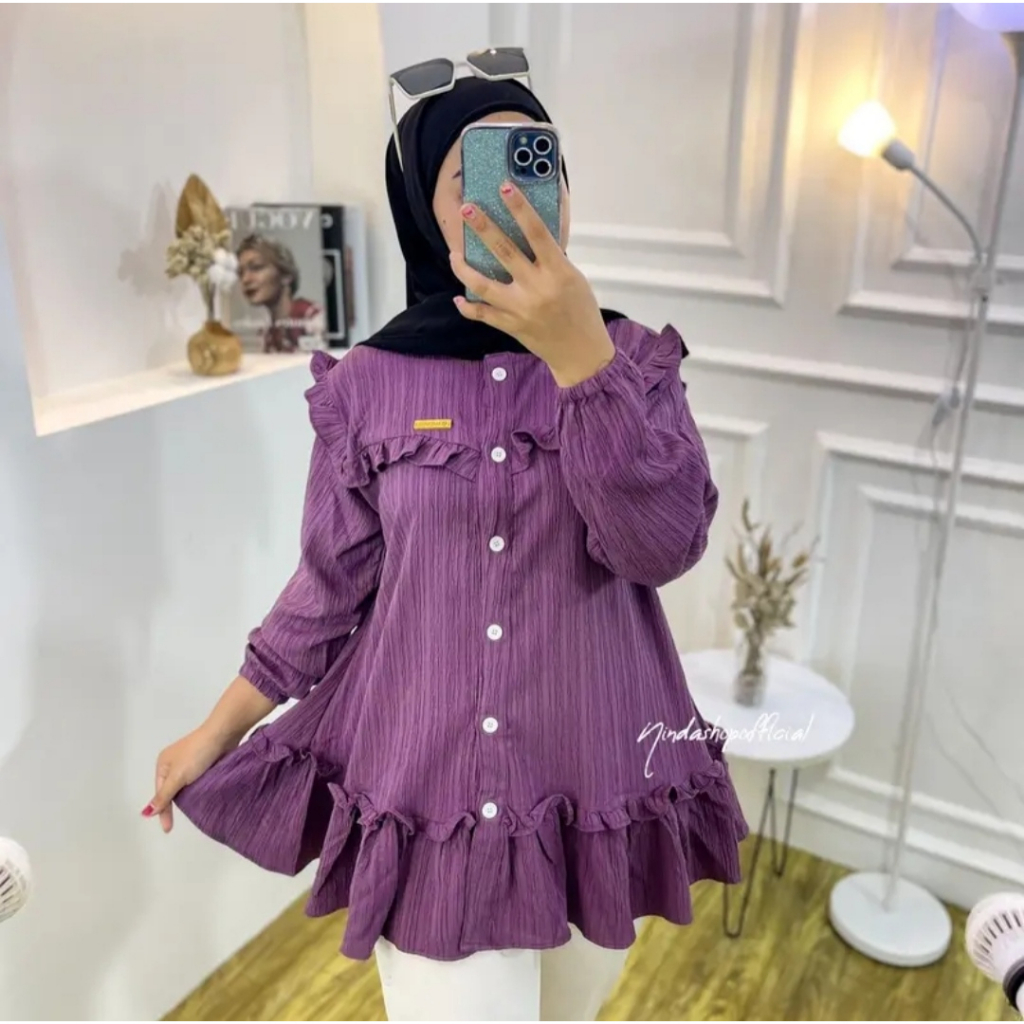 Ramdan Collection - Atasan Blouse Wanita Ruffle Lady Crush Premium Full Kancing Hidup Jumbo Ld 120 Atasan Wanita Korean Style Lengan Panjang