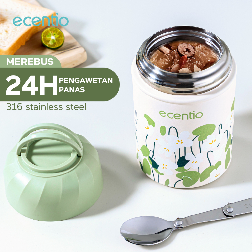 ecentio Stainless Steel Food Jar 24JAM Termos Stainless Steel 316 Lunch Jar 500Ml Tempat Makan Bayi with Sendok Kado