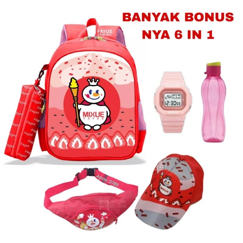 RANSEL MIXUE Tas Ransel Sekolah Anak Banyak Bonusnya Motif Mixue 6 In 1 Realpict