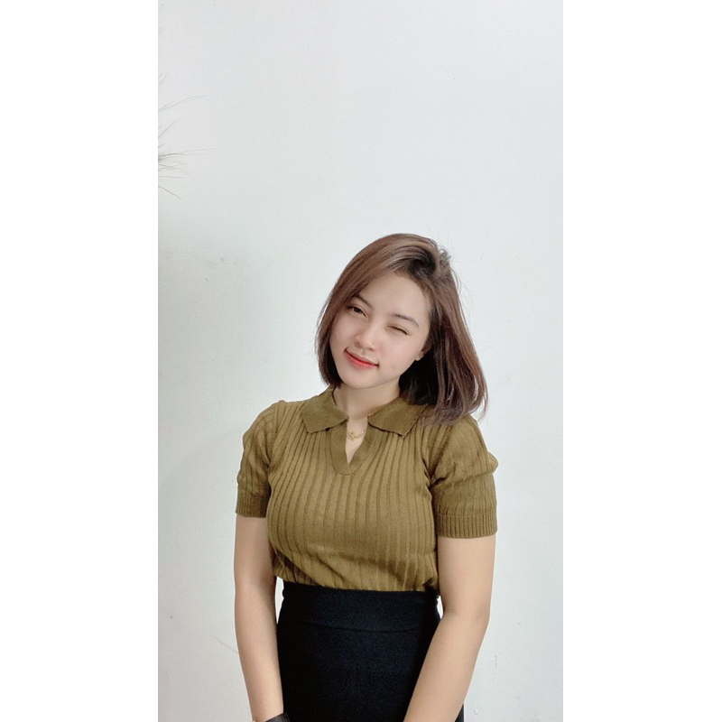 Atasan Kerah polo Rajut - Vneck Crop Top Blouse - Polo Shirt Atasan Wanita