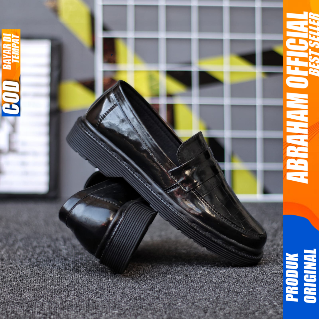 ABRAHAM Sepatu Loafers Formal Pantofel Docmart Hitam Kerja Pria