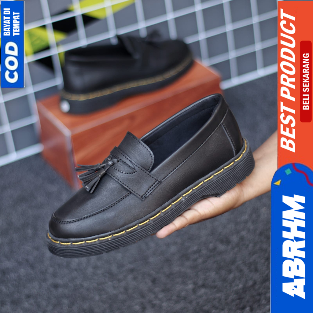 ABRHM Sepatu Loafers Formal Pantofel Docmart Casual Kerja Hitam Pria