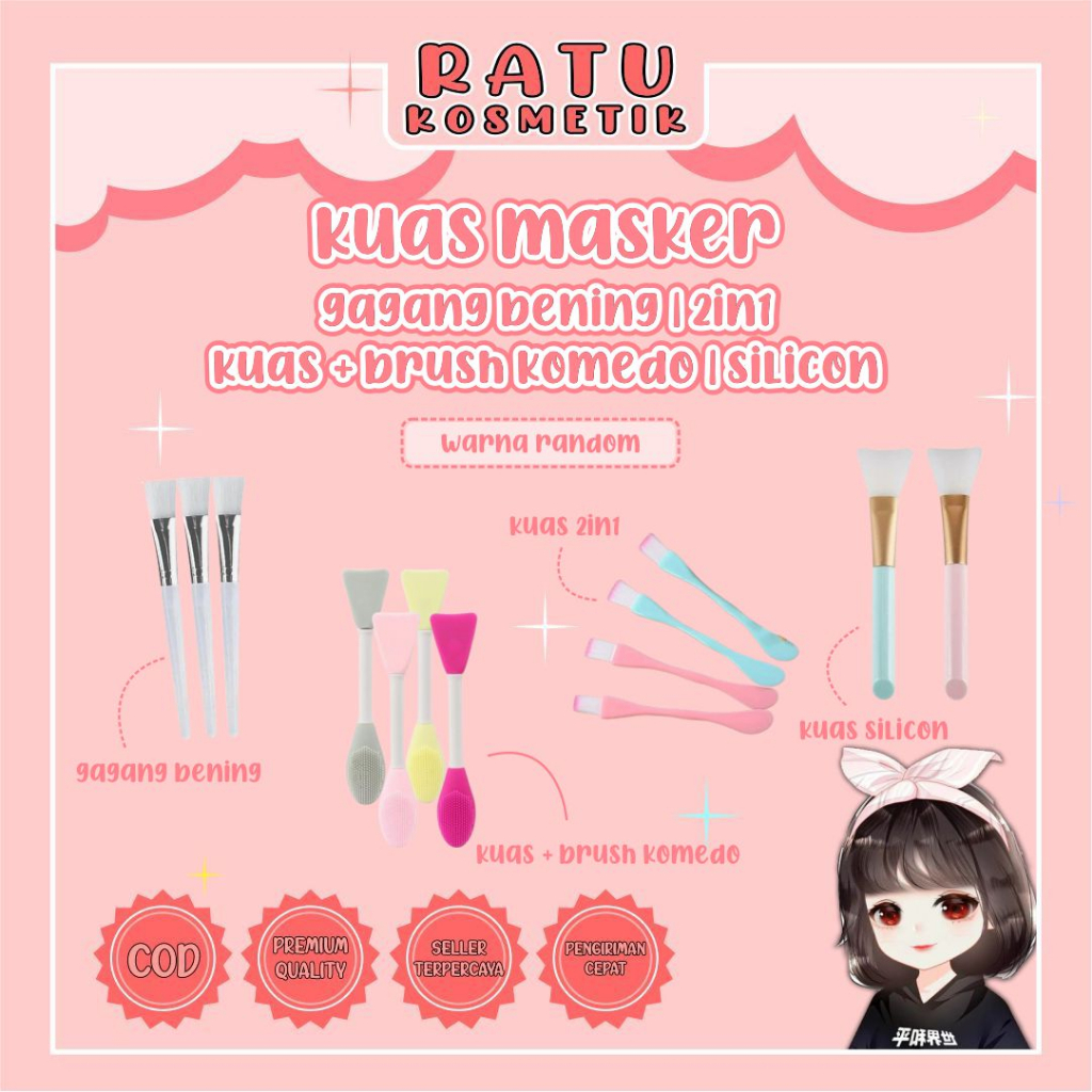 ❤ RATU ❤ Kuas Masker Gagang Bening | Kuas Masker Wajah Putih | spatula+Brus Komedo | Kuas Masker 2in1 | Kuas Silikon Random
