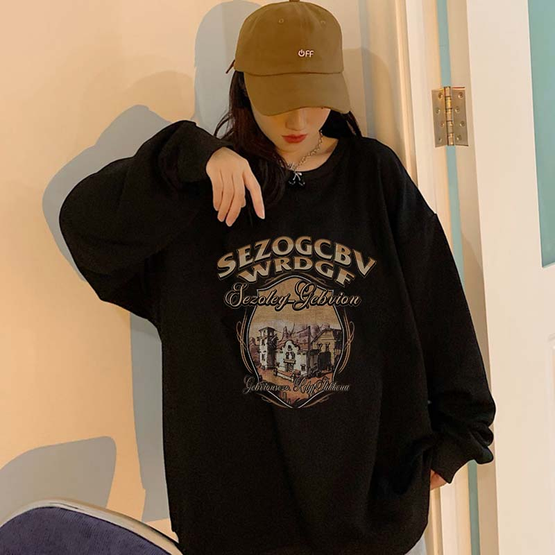 Kaos Stasan Wanita Oversize Couple Sweater American Vintage Cartoon Graphic Priting Top Kekinian Casual Sweater