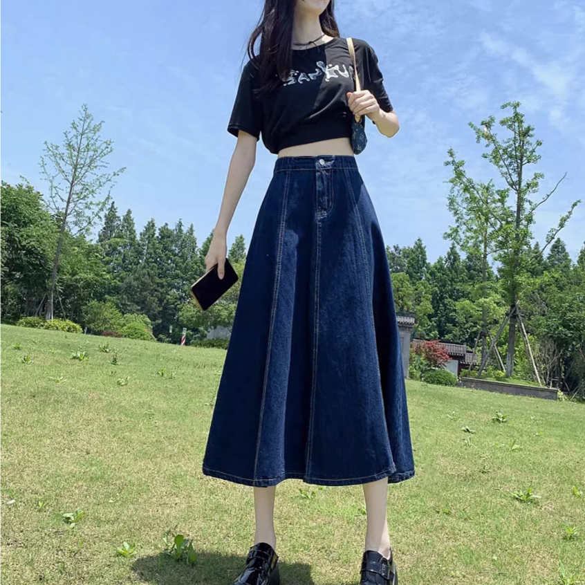 Highwaist Rok Jeans Panjang Wanita Jumbo rok melar Rok Denim Korean Style kekinian 2023