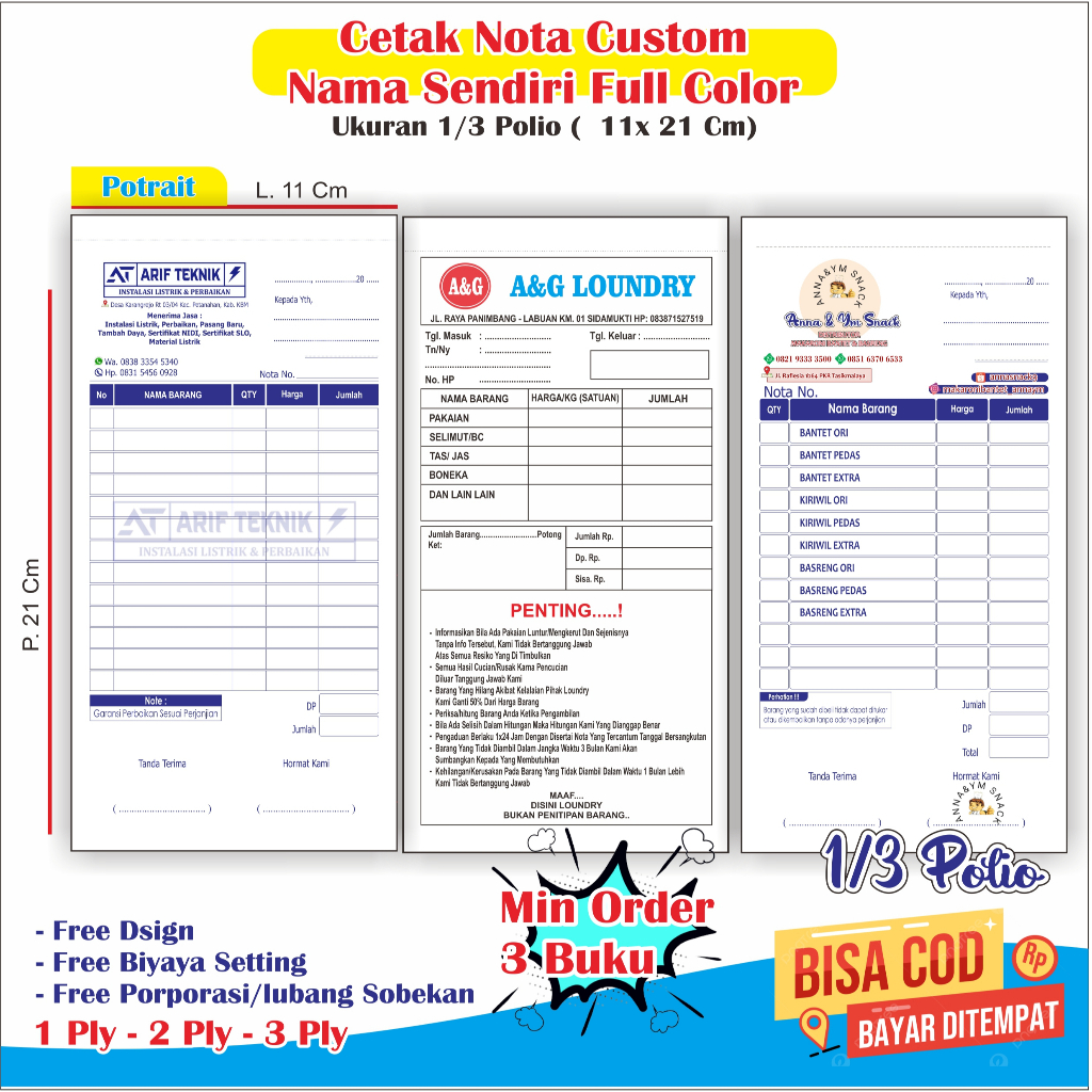 

nota custom nama sendiri ukuran 1/3 polio 11 x 21 Cm | cetak nota custom nama toko usaha sendiri