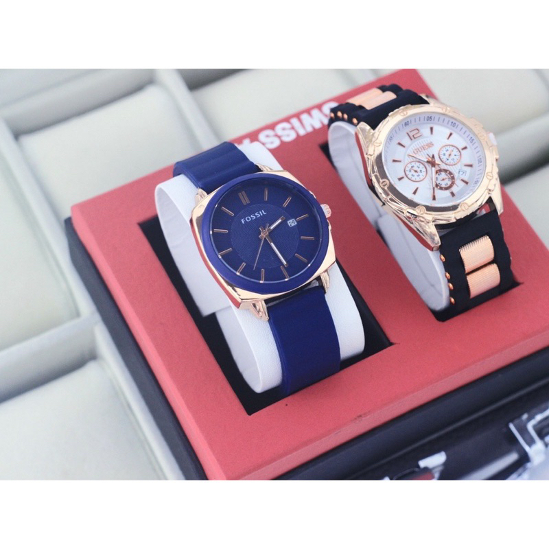 (Terima Cod)Jam Tangan wanita Fashion Buy 1 Get 1 Paket Hemat Kado FsL Bulat+Gues Ring Rose Tanggal Aktif Strap Rubber/Karet(Dikirim Jakarta)Free Box