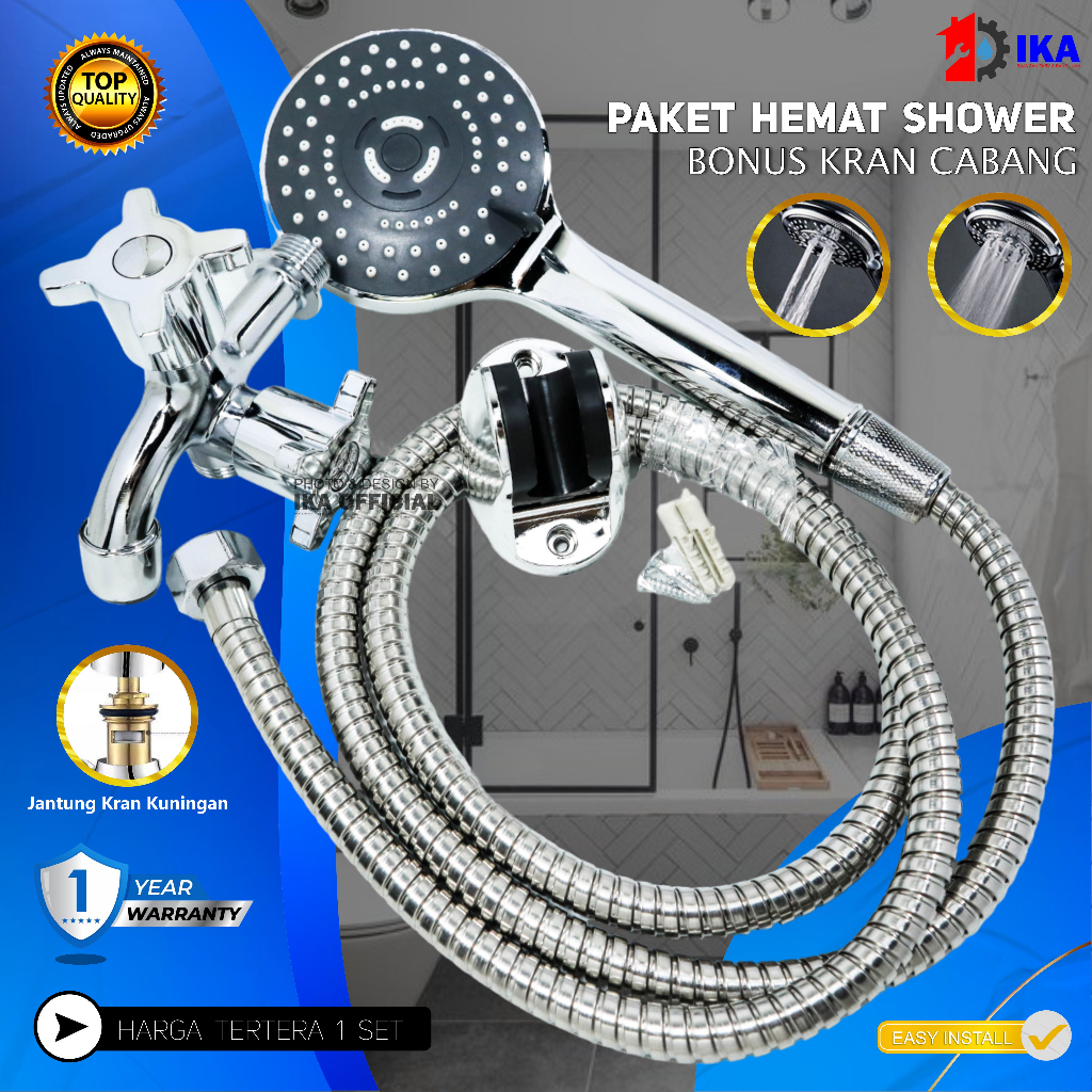 Paket Shower Kamar Mandi dan Kran Shower Cabang - 1/2 Inch Stainless Paket Kran Besi Tahan Karat Plus Hand Shower