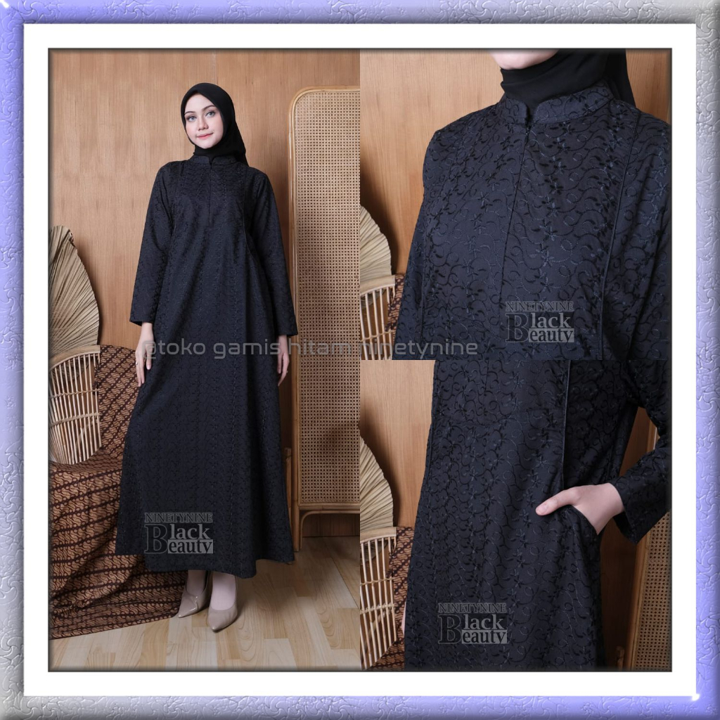 Gamis Hitam Umroh Wanita Katun Jepang Bordir Premium Busui Friendly Adem Ukuran M-5L