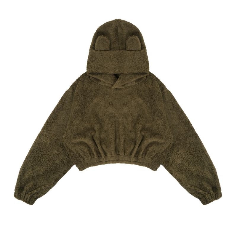 [SIAP KIRIM] HOODIE SHERPA KUPING BERUANG CROP OVERSIZE ARMY