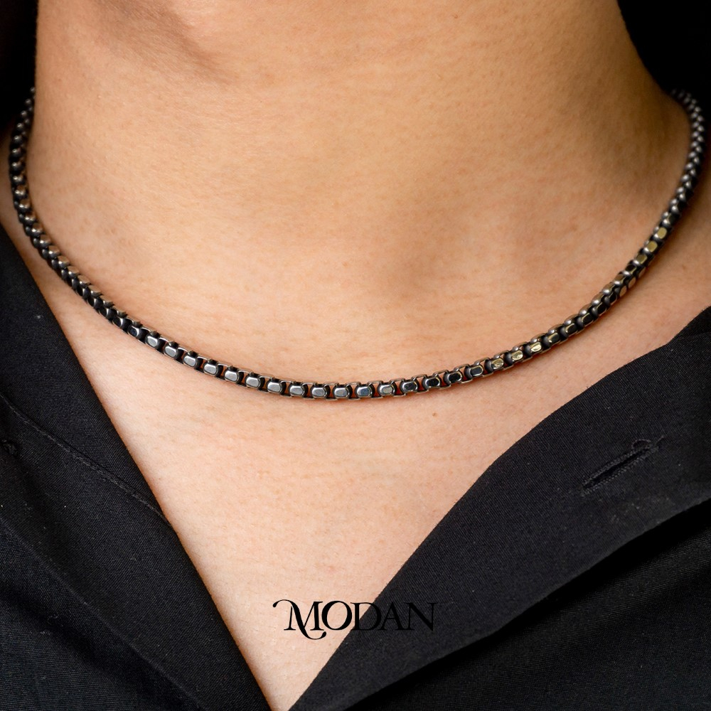 Modan - Titanium Gray Black Box Chain Men's Necklace Kalung Pria Rantai Titanium Stainless Steel Ita