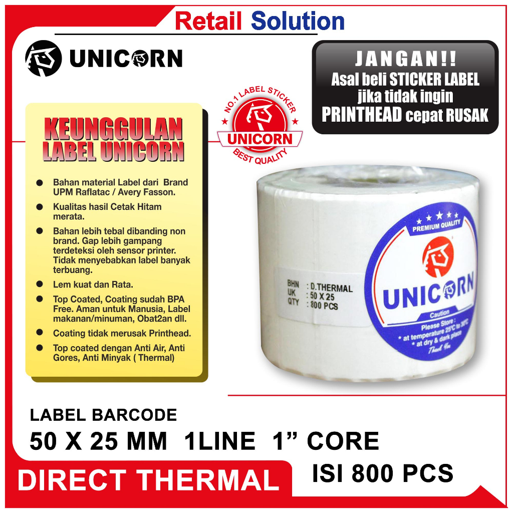 Unicorn Stiker Label Barcode Thermal 50x25mm / 50x25 mm / 50 x 25 mm 1 Kolom