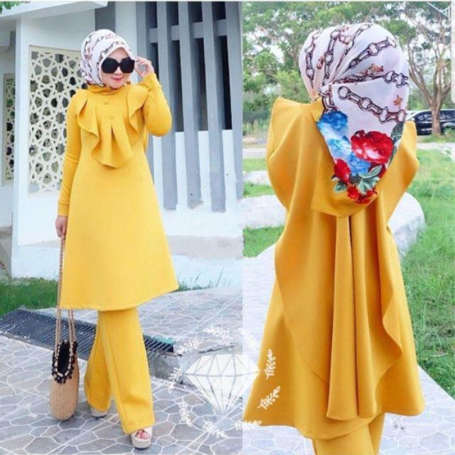 Baju Setelan Celana Long Tunik Wanita Muslim Dewasa Pesta Kondangan Lebaran Trend Kekinian Modern Mu