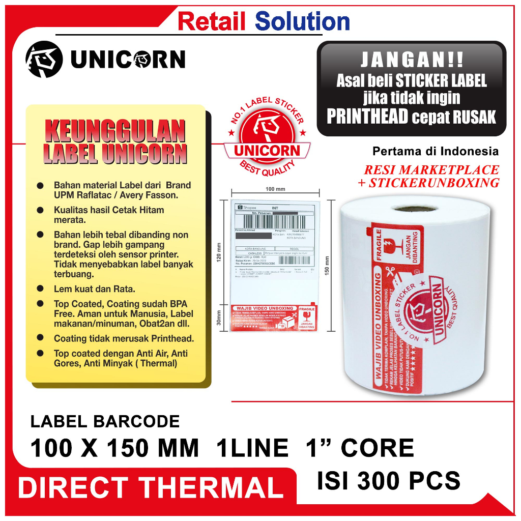 Stiker Label AWB Resi Alamat Unboxing Fragile Thermal A6 100x150 @300