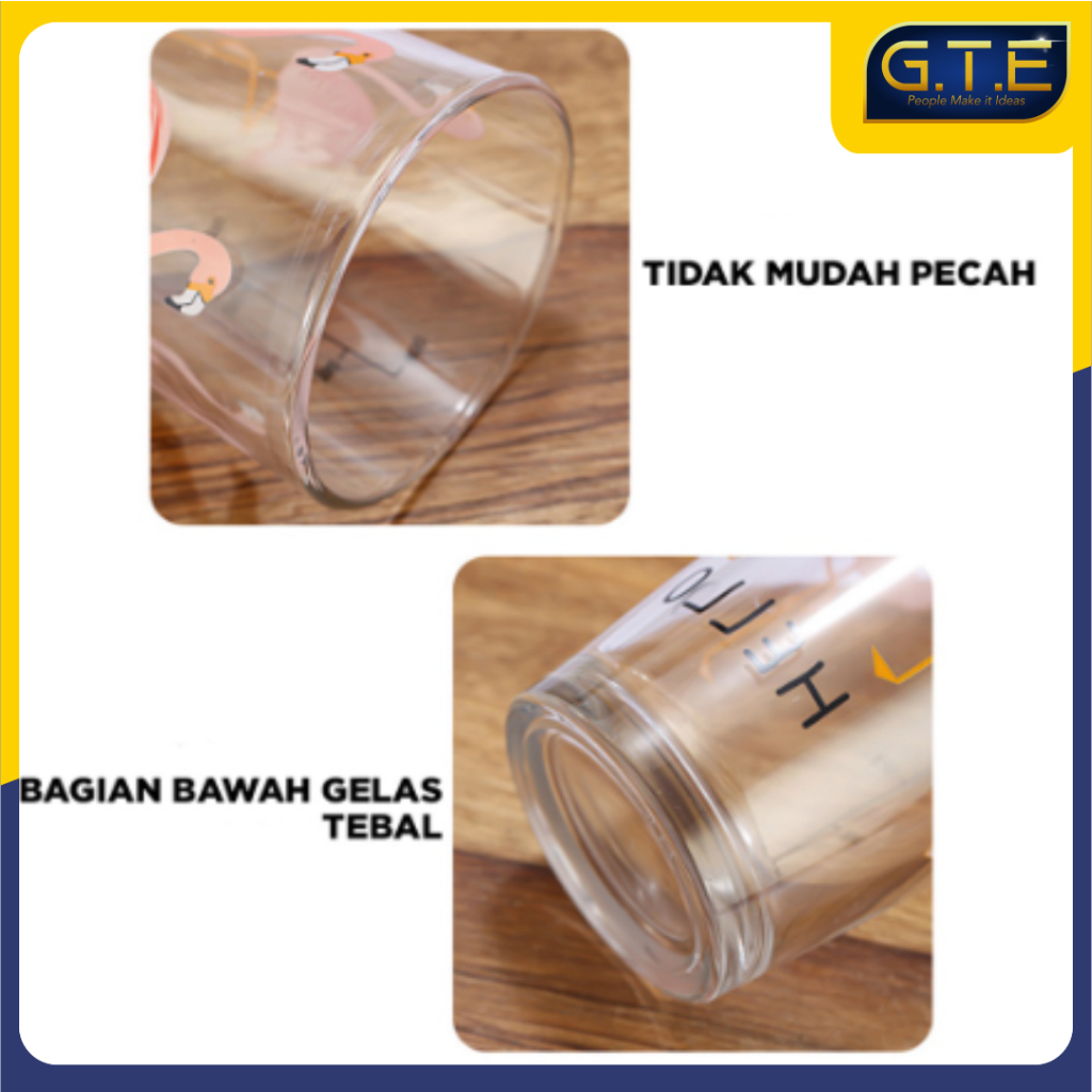 GTE | Gelas Tumblr Kaca Bening Gelas Mug Gelas Kaca dengan Tutup Anti Bocor 400ml Botol Minum Kaca Gratis Sedotan