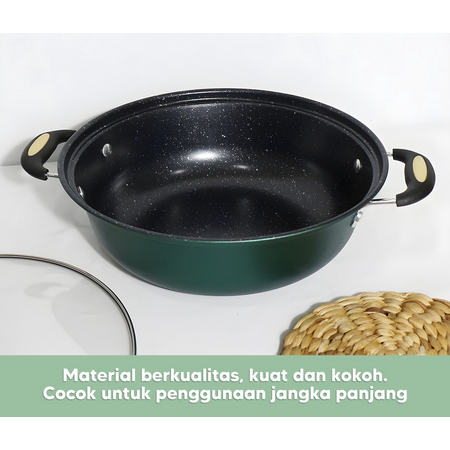 Panci Kuah Enamel Tutup Kaca dan Teflon Pegangan Kayu Anti Lengket  Panci Serbaguna Wajan Anti Lengket Panci Sup Teflon Frypan Tutup Kaca