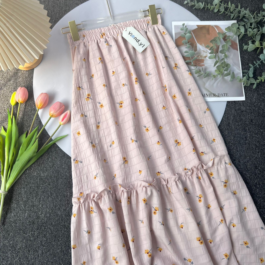 Rok Panjang Wanita Korea Ruffle Allsize / LongSkirt Bunga Serut 117