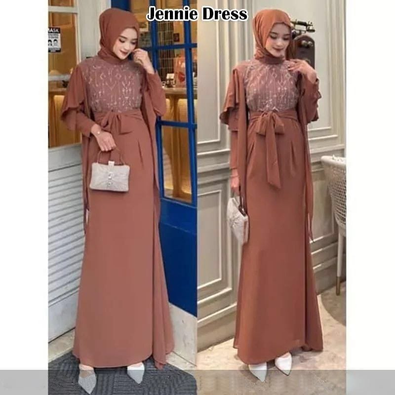 Jennie Set Dress Kondangan FREE PASHMINA Gamis Brukat Gaun Pesta Muslimah Long Dress Gamis Jumbo Baju Wanita Kekinian