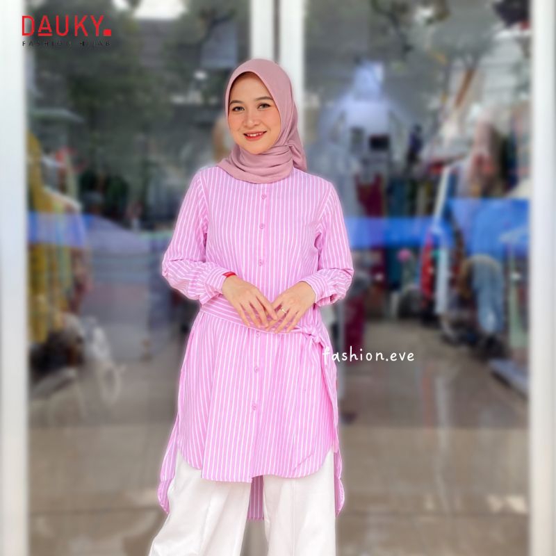 Dauky terbaru atasan kemeja salur Baju kemeja salur M tunik stripe belt bahan katun