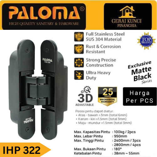 Engsel Tanam Pintu Concealed Invisible Hinge Hitam PALOMA IHP 322