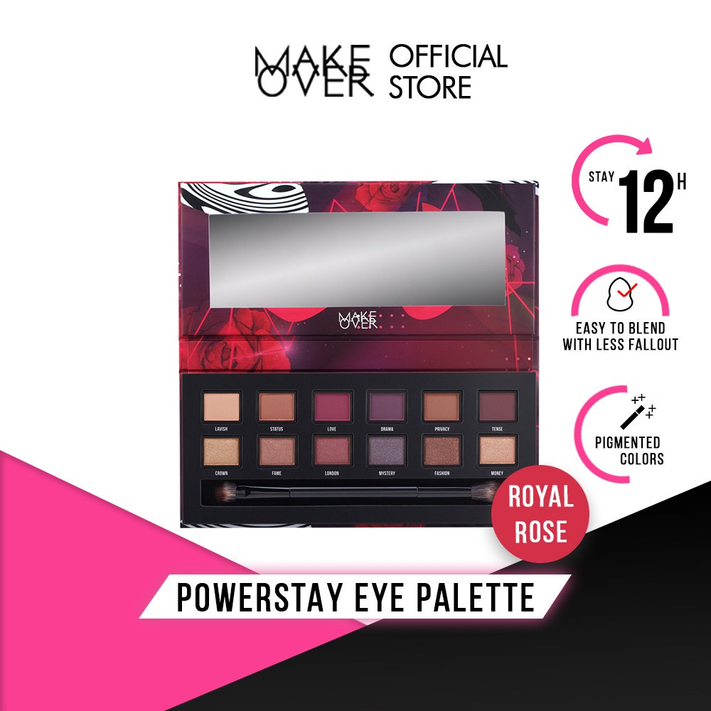 MAKE OVER Powerstay Eye Palette Indonesia / Eyeshadow Palette 12 x 0.4g / Stay Up To 12H Easy To Blend Pigmented Color / Non Creasing Creamy Silk Texture Brush / Pulas Mata Palet / Shade Warna Uptown Bae Royal Rose / Cosmetic Makeup Eyes Make Up Series