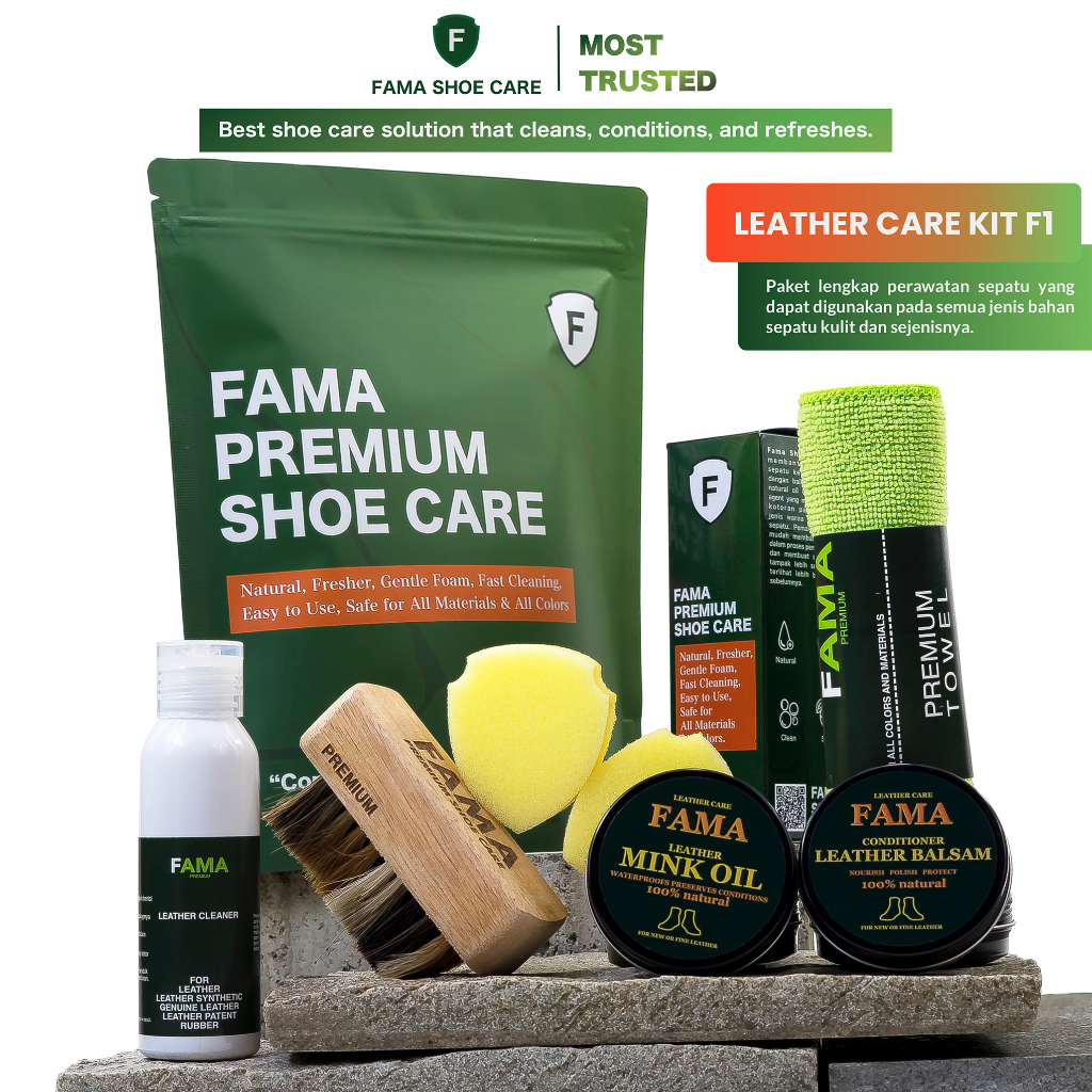 Fama Shoe Care - Paket Leather Care F1 - Sabun Sepatu Kulit - Semir Sepatu - Mink Oil - Leather Balsam - Shoes Cleaner - Shoe Cleaner