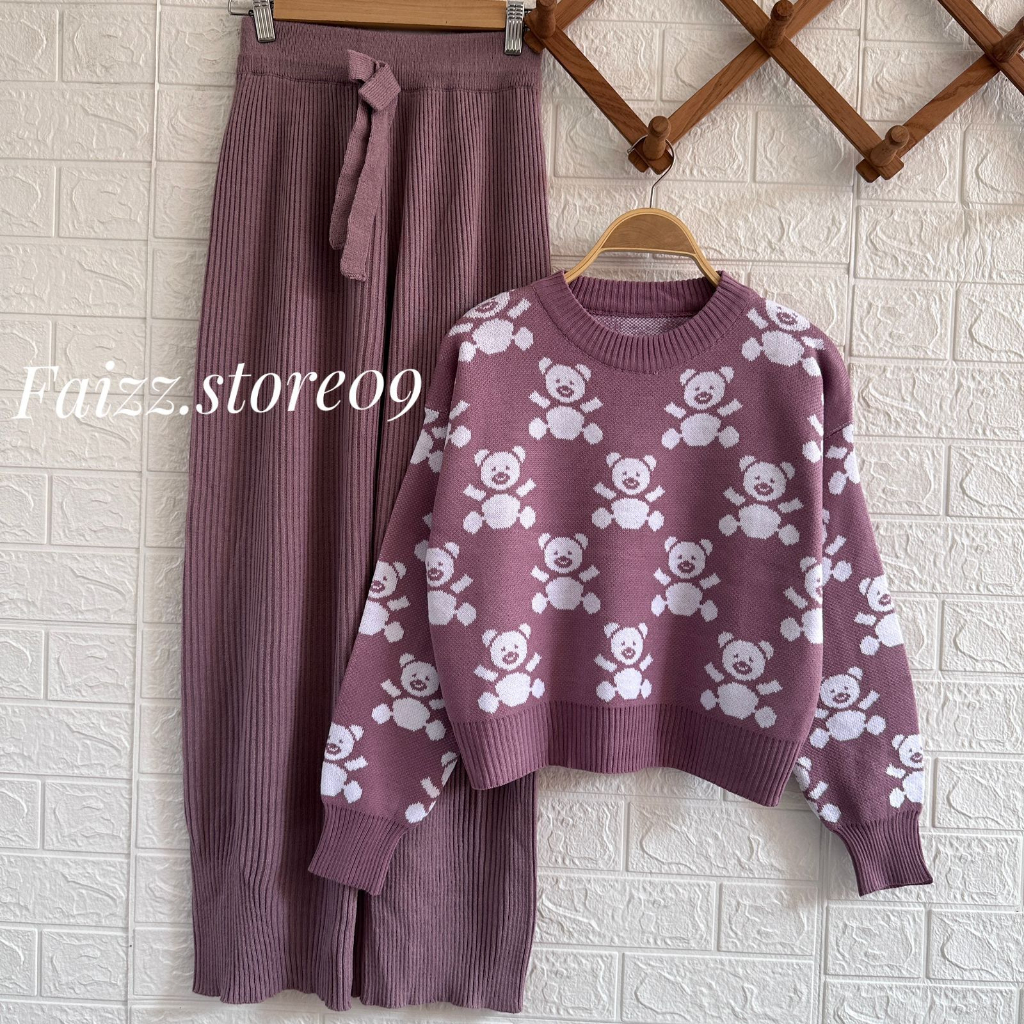 Oneset Sweater Rajut Novaria Motif Panda Setelan Celana Kulot Rajut Premium Wanita