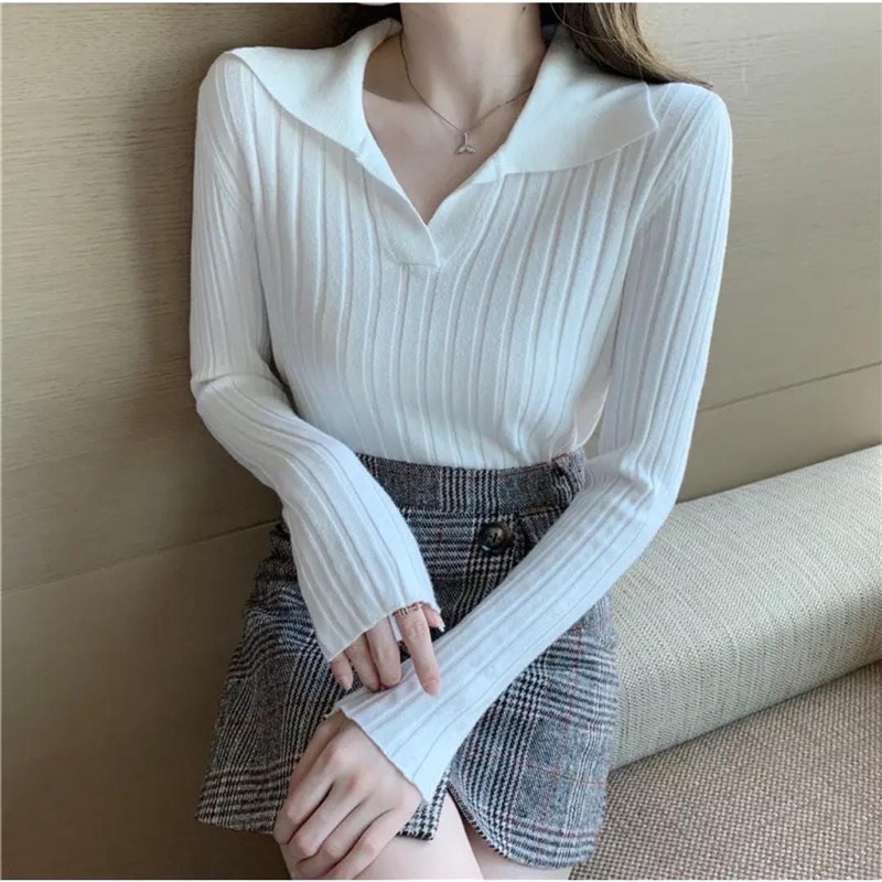 Long Sleeve Korea / ALENA LONG SLEEVE KOREA STYLE / Atasan Rajut Wanita Lengan Panjang / POLO KNIT CROP TOP