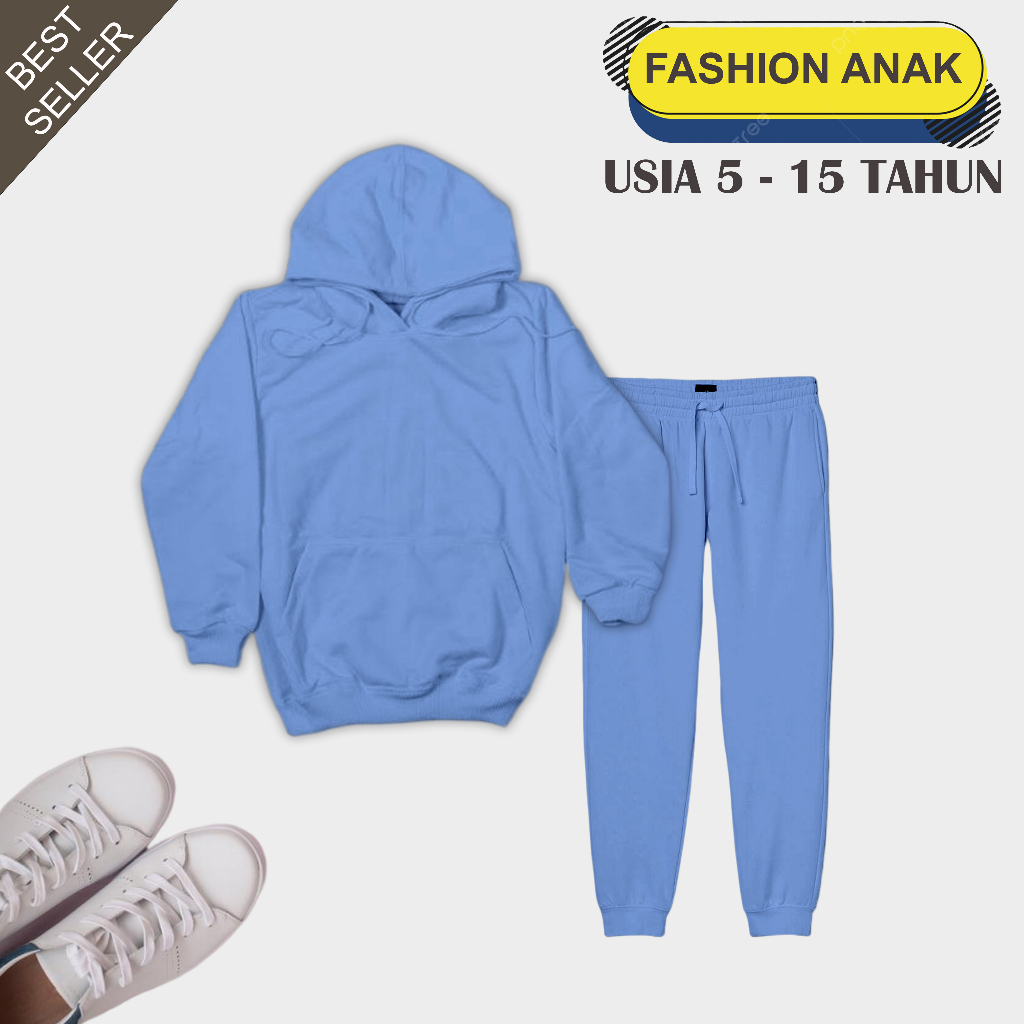 Setelan Hoodie Jogger Anak Polos Unisex Usia 5-15 Tahun Bahan Katun Terry Soft