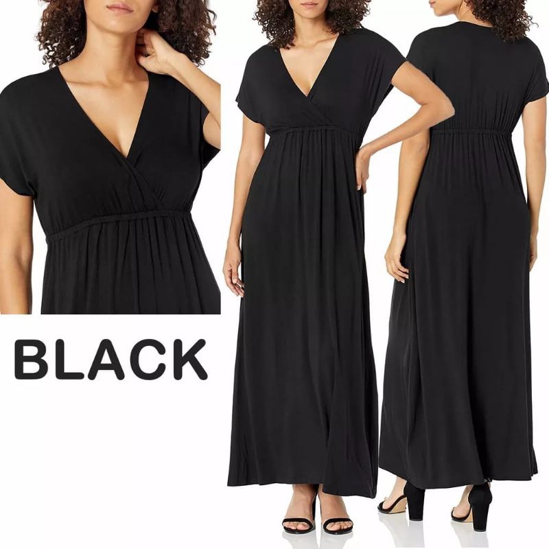 amazon essentials women's solid surplice maxi dress all black // DRESS BIG SIZE