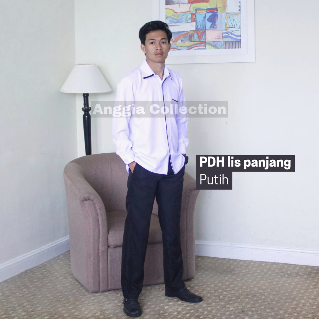 Baju khusu cowok Putih polos-Putih list hitam Lengan panjang dan pendek-seragam Guru dan PNS-Pakaian GURU terbaru
