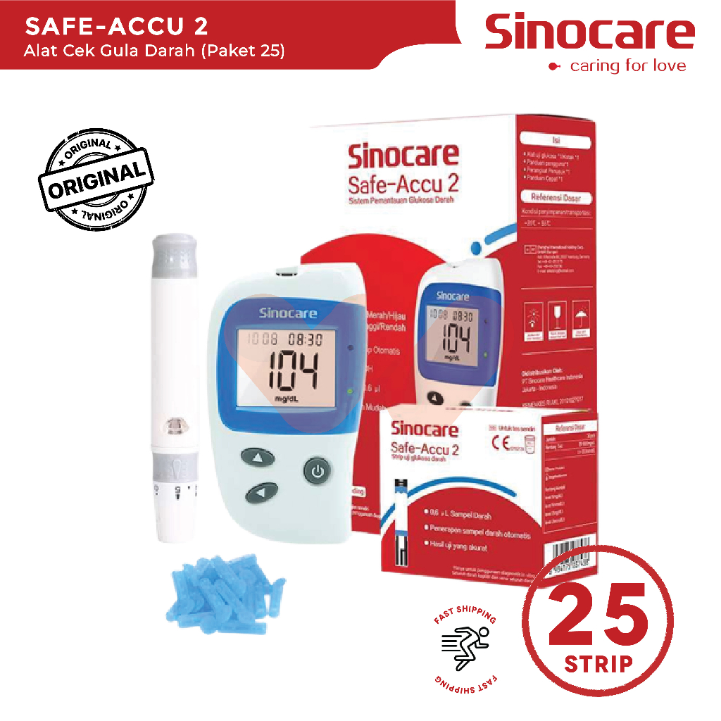 Sinocare Safe-Accu 2 Alat Cek Gula Darah/Alat Tes Gula Darah (Paket 25)