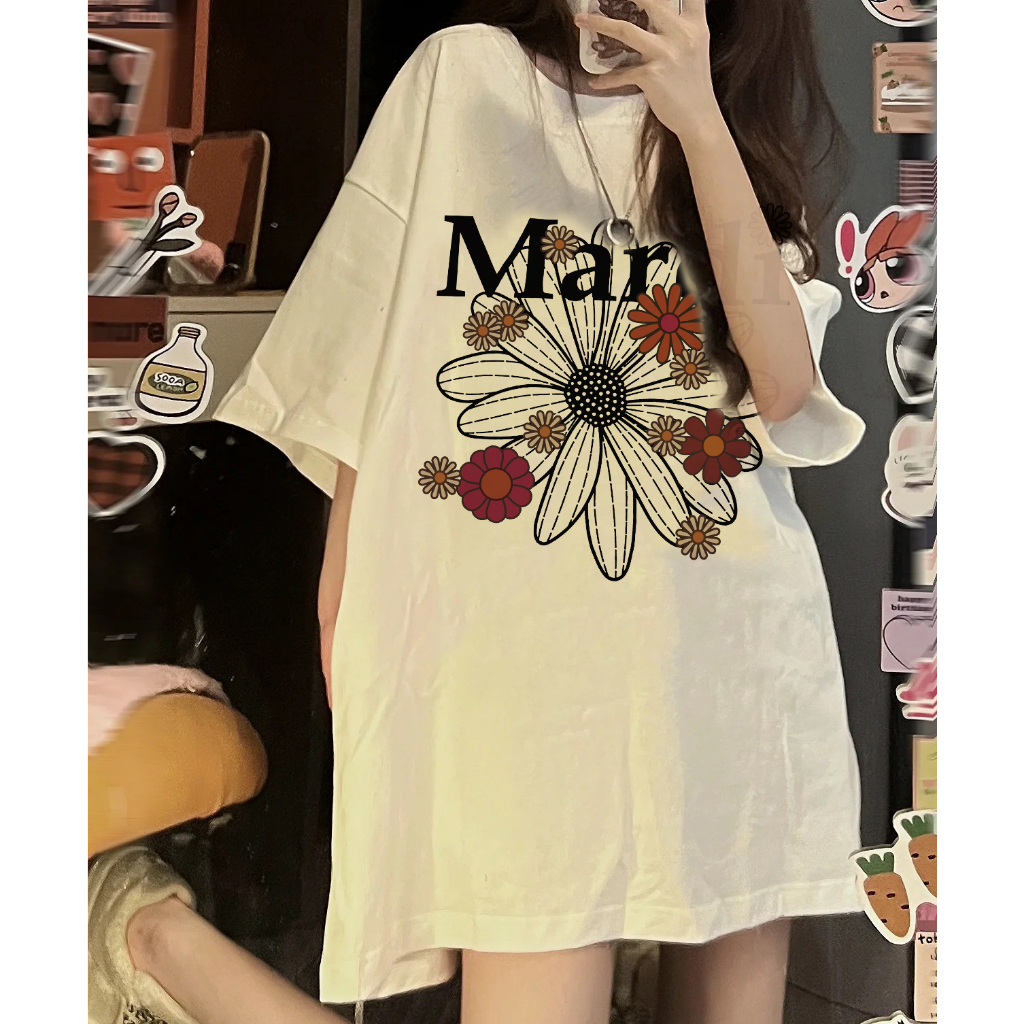 EUNII T-shirt Lengan Pendek Vintage Flowers Korean Style/Kaos Atasan Wanita/Baju Kaus Oversize Wanita/Kaos Wanita