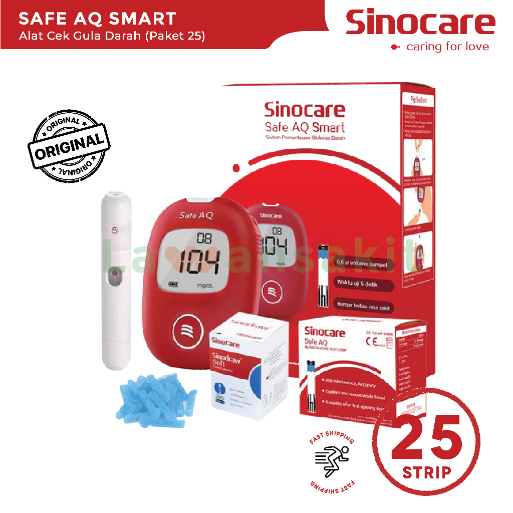 Sinocare Safe AQ Smart Alat Cek Gula Darah/Alat Tes Gula Darah  (Paket 25)