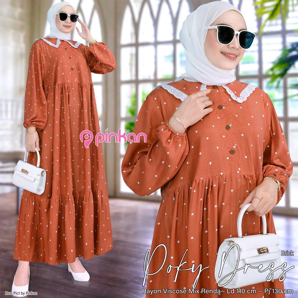 Gamis Wanita Muslim Kekinian Terbaru Bahan Rayon Premium Motif Polkadot-Poky Maxi Teracota