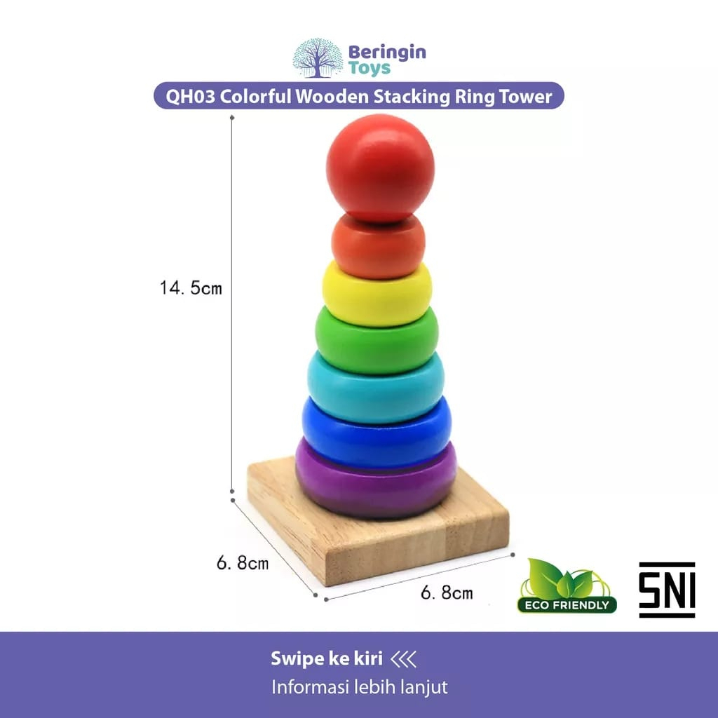 QH03 Colorful Wooden Stacking Ring Tower - Mainan Anak