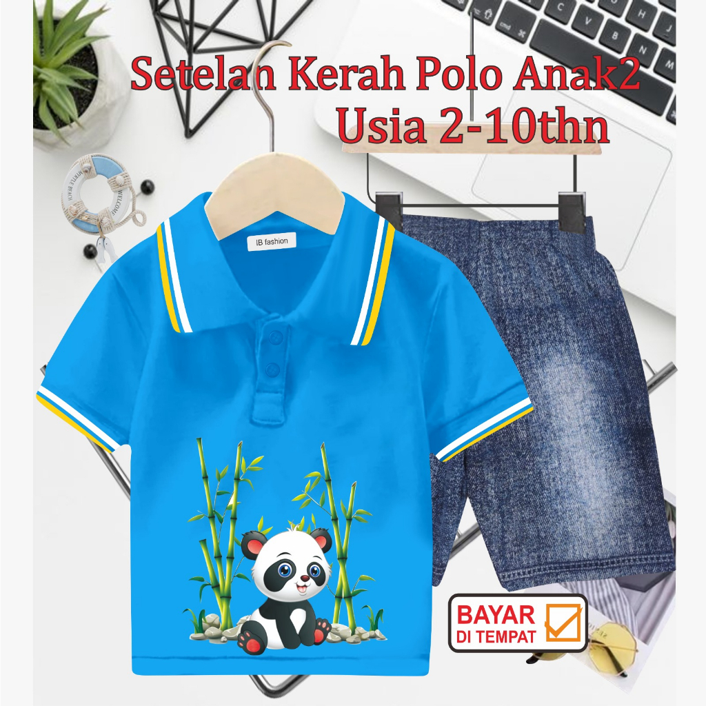 ((IB))SETELAN ANAK KERAH POLO SEMI JEANS/PANDA DIGITAL SABLON