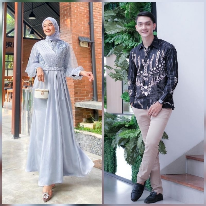 BATIK EXPRESS - Couple Gamis Nadira Brukat Tulle Mutiara Couple Dress Kondangan Lamaran Baju Couple Lebaran Adeeva Amira Maxi Dress Modern