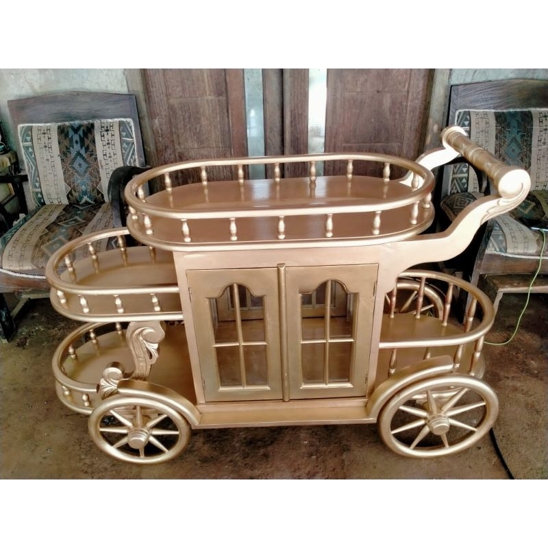 troly kayu jati / meja kopi kayu jati / meja teh kayu jati warna finishing emas