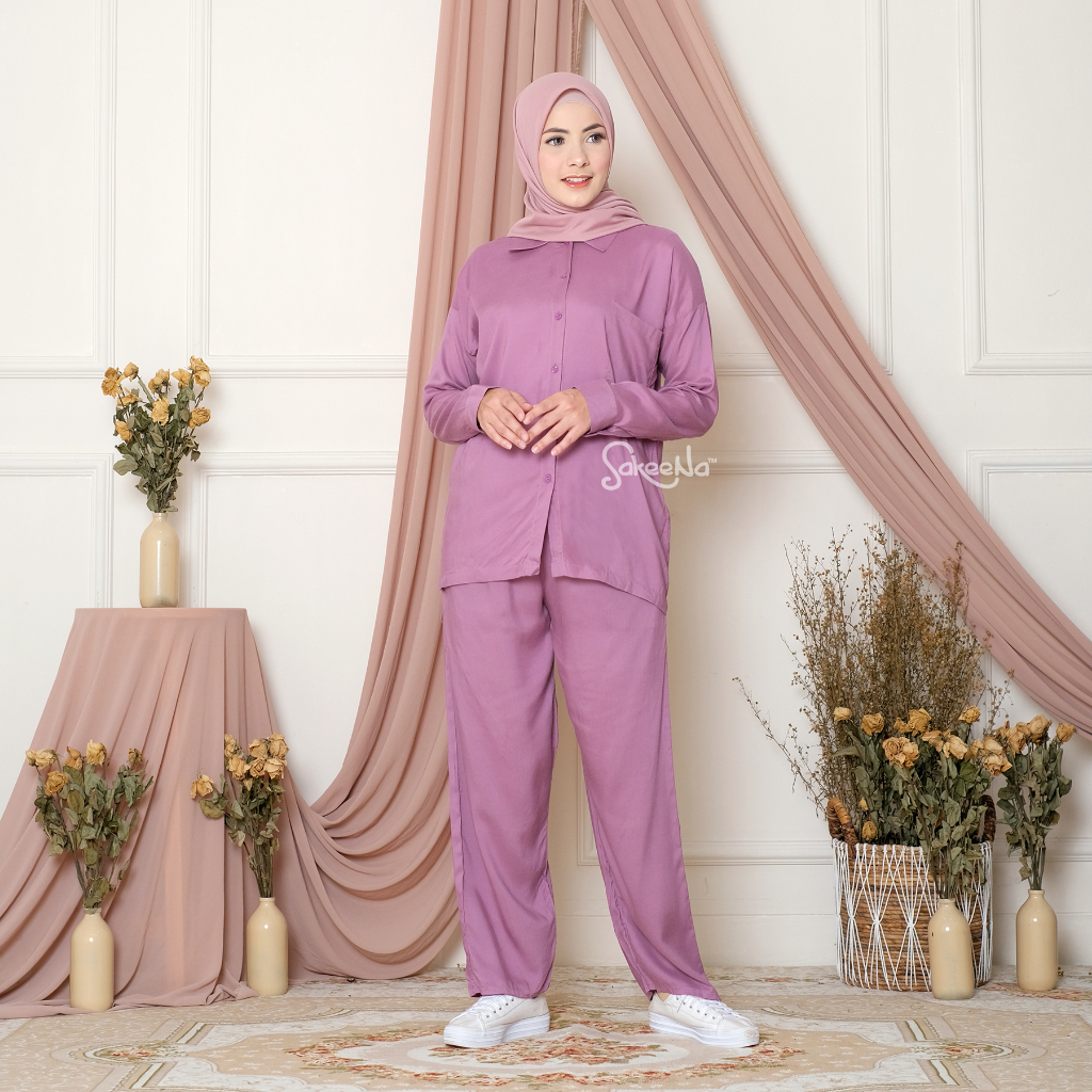 SAKEENA Pajamas Set Kemeja Dewasa Katun Rayon Polos Lengan Panjang