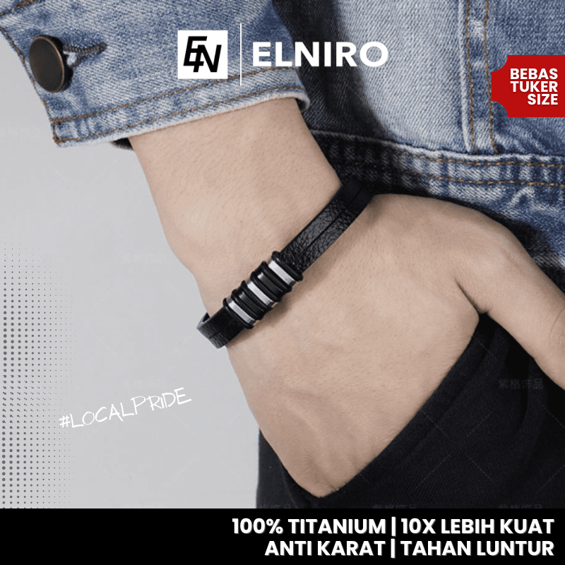 ELNIRO Gelang Kulit Pria NIETO Stainless Leather Hitam / Gelang Cowok Pria dan Wanita / Premium Rings for Men Women