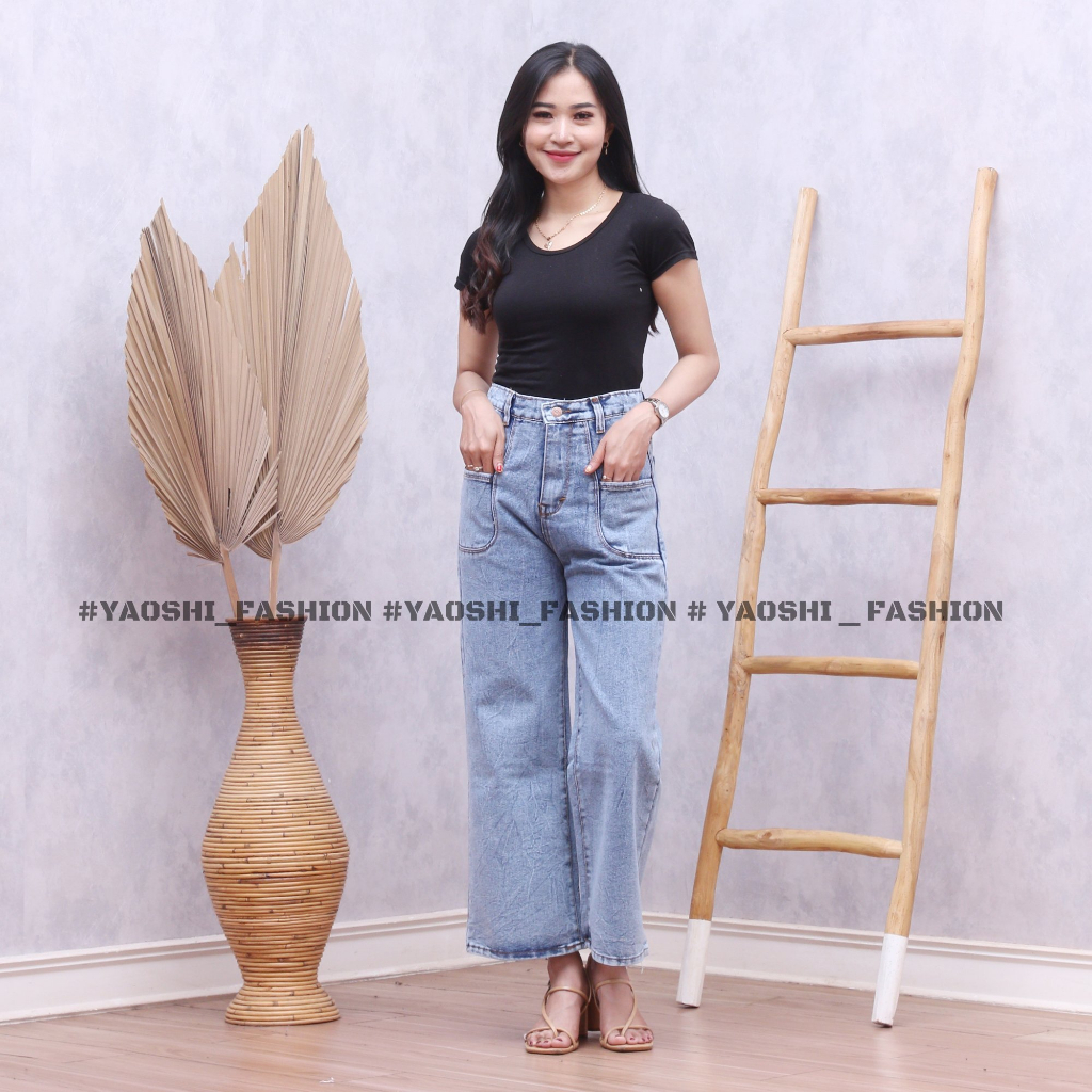 YAOSHI- Celana Panjang Pinggang Tinggi Wanita - BF Kulot  Loose Jeans Vintage Amelia Gaya Korea LONG PANTS