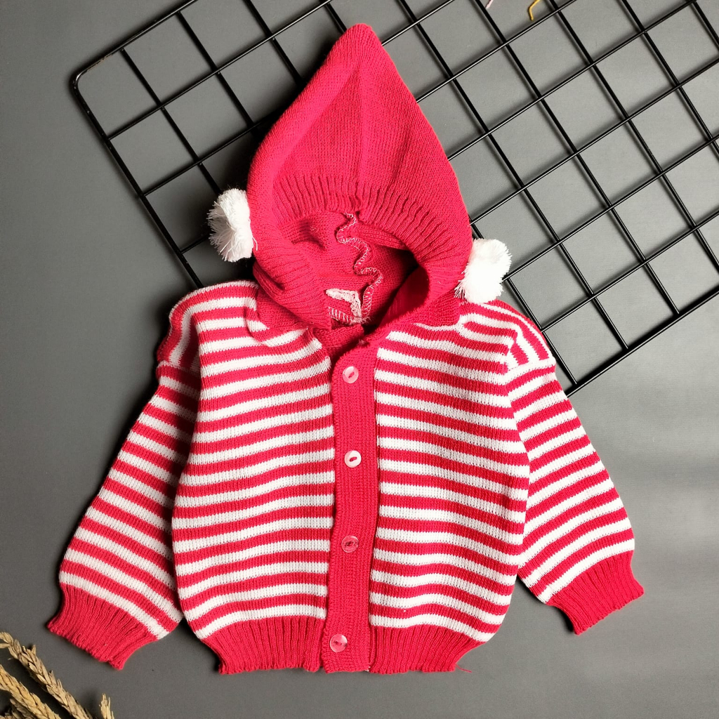 Mantel atasan rajut hoodie bayi motif pompom garis 0-12 bulan