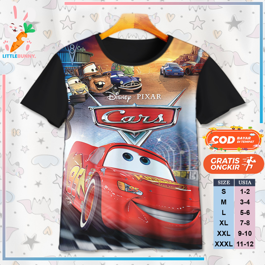 BAJU KAOS ANAK KARTUN 3D DISNEY CARS MCQUEEN V1 / KAOS ANAK 3D CARS MCQUEEN - LITTLE BUNNY