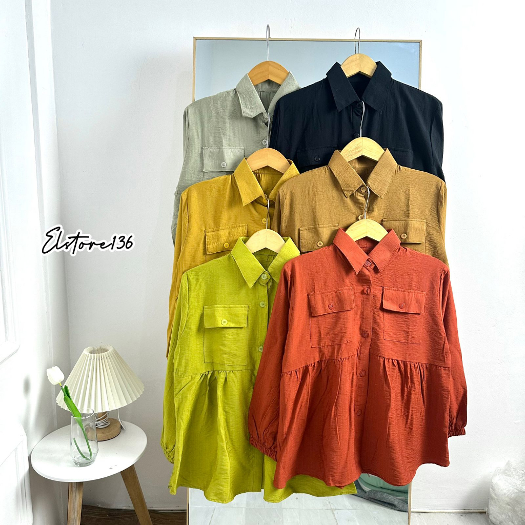 Gemini Blouse Polo Linen Atasan Wanita Saku Dua Lengan Panjang Busui OOTD Remaja Dewasa Viral