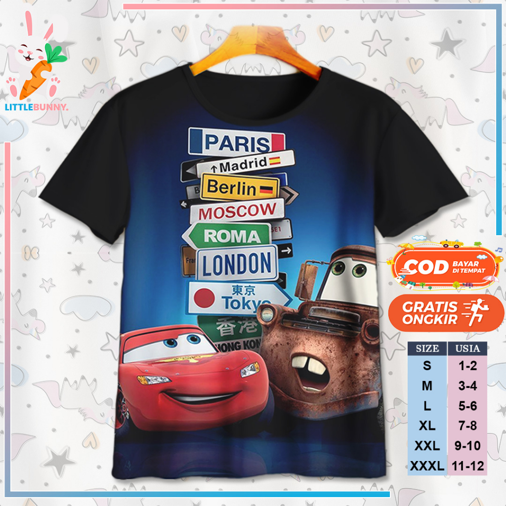 BAJU KAOS ANAK KARTUN 3D DISNEY CARS MCQUEEN V7 / KAOS ANAK 3D CARS MCQUEEN - LITTLE BUNNY