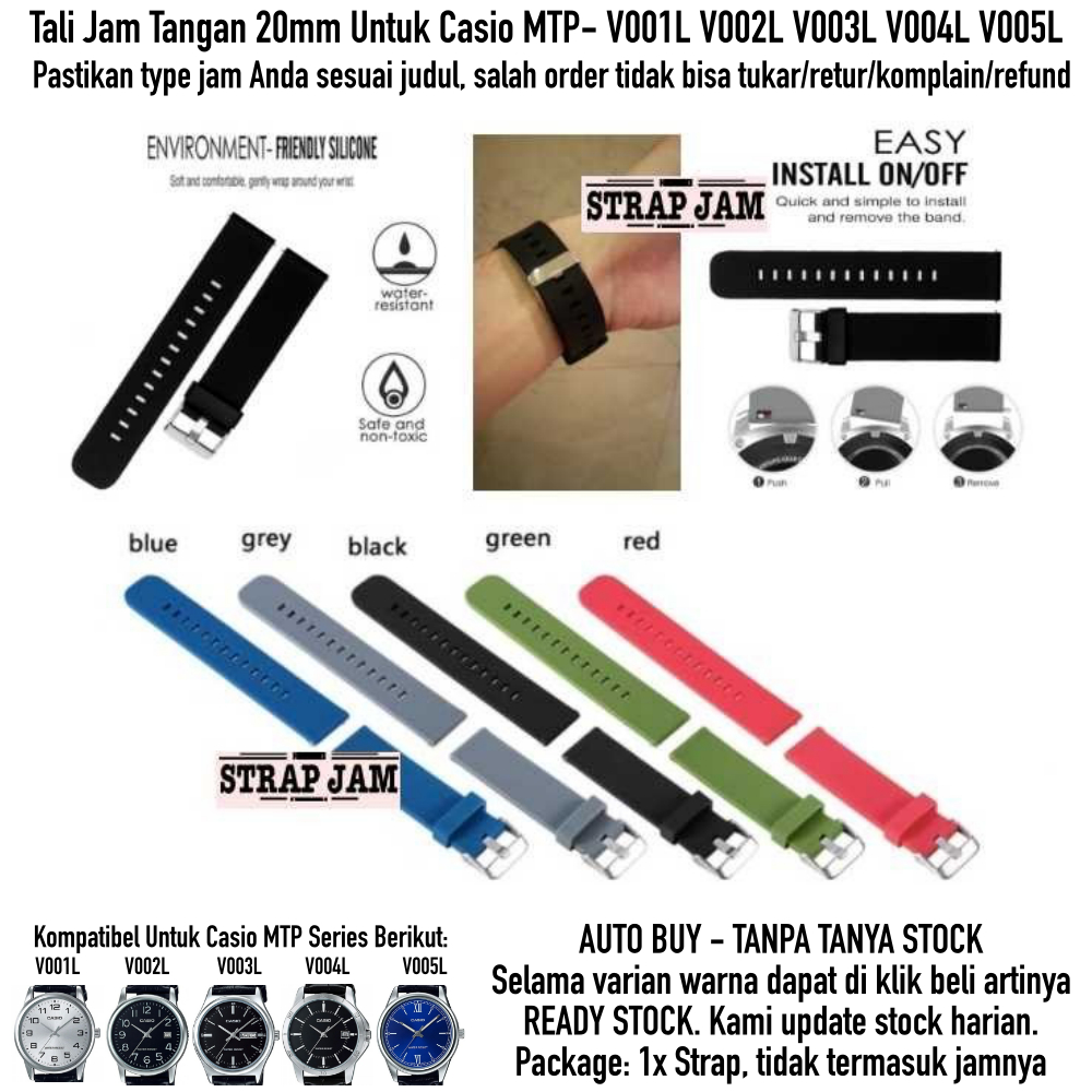 Strap Casio MTP- V001L V002L V003L V004L V005L - Tali Jam 20mm Silikon Polos Silver Buckle