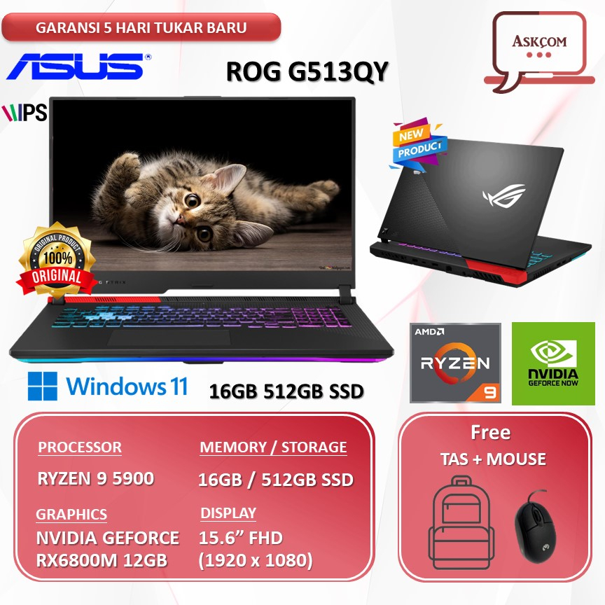 Laptop Gaming  Asus Rog G513QY RYZEN 9 5900 16GB 512GB SSD RX6800M 12GB W11 15.6FHD