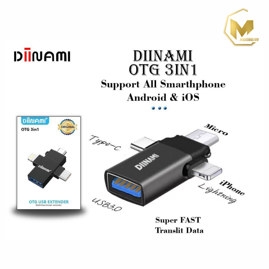 ￼DIINAMI OTG 3in1 Type-C Lightning (iPhone usb ) Micro USB Type C Android Apple iPhone iPad Multi Devices MA4760